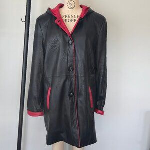 Java Cuir Black Leather Hooded Coat with red accent, unisex, large